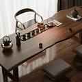 Wooden Tea Table With Matching Chairs Teapot Tea Cups And Cushions In Minimalist Indoor Setting