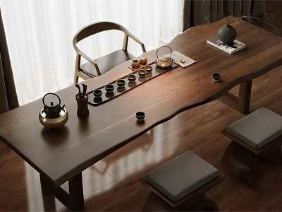 Wooden Tea Table With Matching Chairs Teapot Tea Cups And Cushions In Minimalist Indoor Setting 3d model