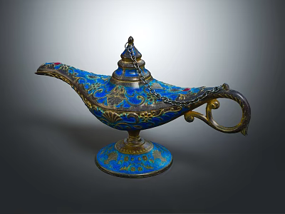 Traditional Ornate Blue Arabian Lamp With Golden Decorations And Colorful Gemstones 3d model