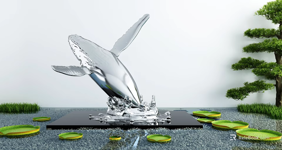 Silver Whale Garden Ornament Featuring Splashing Water Black Base And Green Lotus Leaf Decorations 3d model 