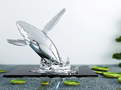 Silver Whale Garden Ornament Featuring Splashing Water Black Base And Green Lotus Leaf Decorations 3d model
