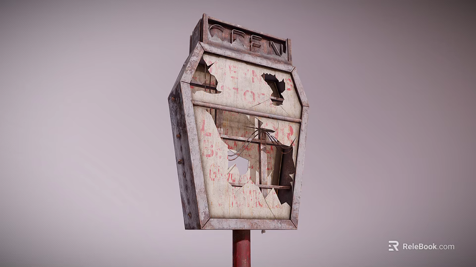Old Weathered Broken OPEN Sign With Rusty Metal Frame And Red Pole 3d model 