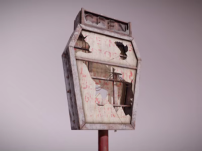 Old Weathered Broken OPEN Sign With Rusty Metal Frame And Red Pole 3d model