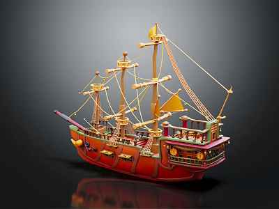 Red Wooden Ship Model With Masts Sails And Decorative Details 3d model
