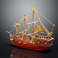 Red Wooden Ship Model With Masts Sails And Decorative Details
