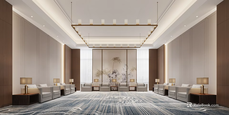 Modern Luxury Hotel Public Lounge With Elegant Chandelier Comfortable Sofas Patterned Carpet And Bamboo Painting 3d model 