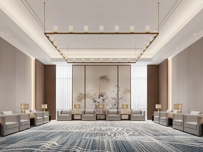Modern Luxury Hotel Public Lounge With Elegant Chandelier Comfortable Sofas Patterned Carpet And Bamboo Painting 3d model