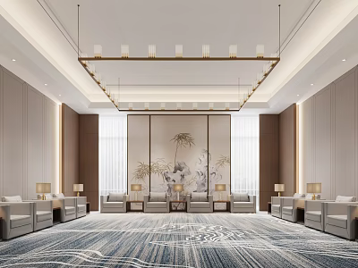 Modern Luxury Hotel Public Lounge With Elegant Chandelier Comfortable Sofas Patterned Carpet And Bamboo Painting 3d model