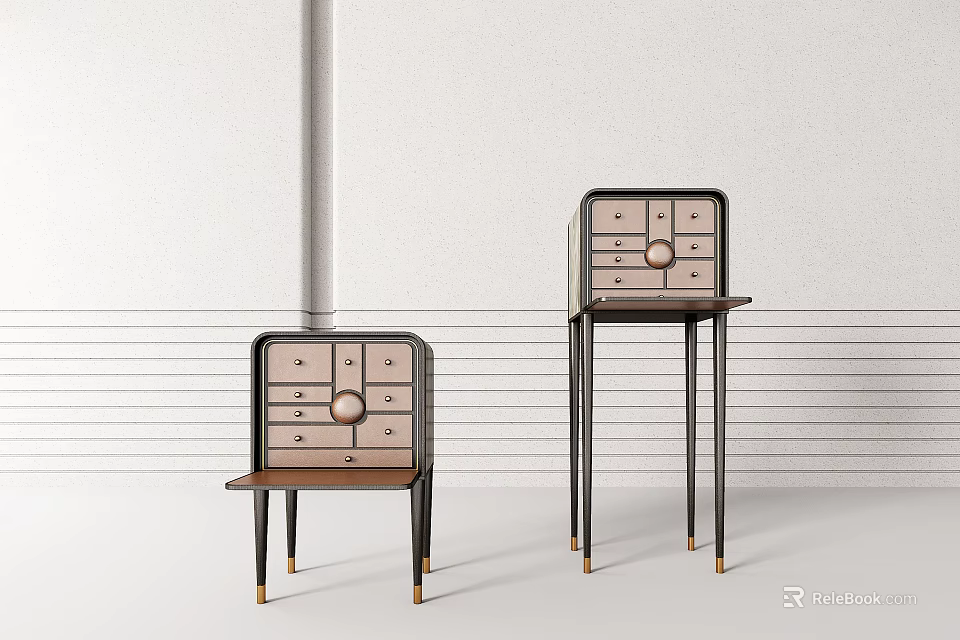 Two Decorative Cabinets with Drawers and Tabletops Black Brown Slender Legs and Gold Accents 3d model 