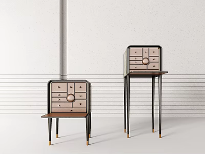 Two Decorative Cabinets with Drawers and Tabletops Black Brown Slender Legs and Gold Accents 3d model