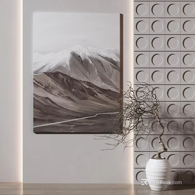 Interior Wall Decoration Featuring Mountain Painting Circular Pattern And Twig Vase 3d model