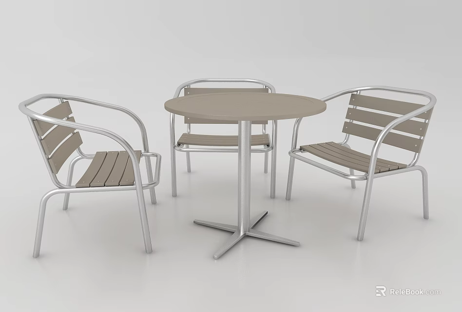 Round Dining Table Set With Three Chairs Featuring Metal Frame And Wooden Seats 3d model