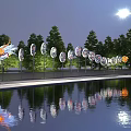 Evening Outdoor Art Installation With Circular Sculptural Elements Trees And Water Reflection 3d model
