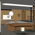 Modern Restaurant Interior With Wooden Cabinets Open Layout Pendant Light And Dining Seating