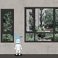 Two Black Frame Windows With Outside Trees Buildings And White Doll With Blue Rabbit Ears