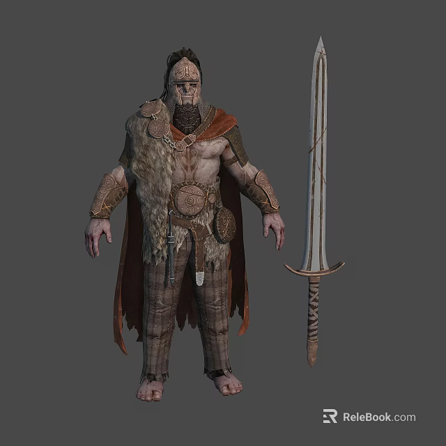 Ancient Bearded Warrior in Armored Plaid Pants With Red Cloak And Long Sword 3d model