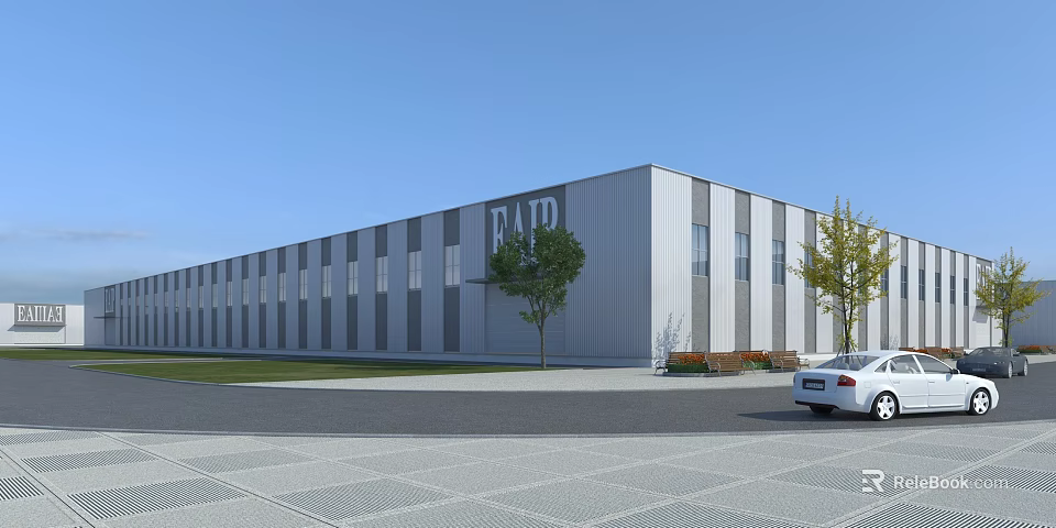 Modern Industrial Factory Building With Large Windows Trees And Car Nearby 3d model 