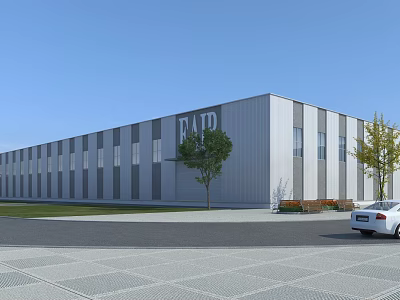 Modern Industrial Factory Building With Large Windows Trees And Car Nearby 3d model