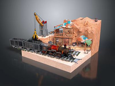 Vintage Steam Train on Railway Tracks with Rocky Cliff Small House and Crane 3d model