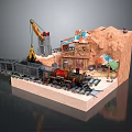 Vintage Steam Train on Railway Tracks with Rocky Cliff Small House and Crane