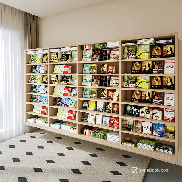 Wooden Bookshelf With Multiple Shelves Organized Colorful Books In Well Lit Room 3d model 