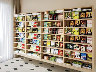 Wooden Bookshelf With Multiple Shelves Organized Colorful Books In Well Lit Room 3d model