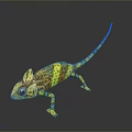 Colorful Chameleon Reptile With Yellow Green Brown Spotted Skin Long Tail On Dark Reflective Background