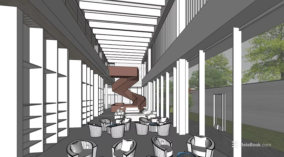 Modern Front Desk Reception Lobby With Columns Open Space And Seating Area 3d model 