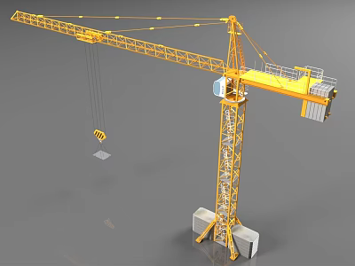 Yellow Tower Crane With Extended Boom Hook Lifting Heavy Load On Concrete Base Metal Structure 3d model
