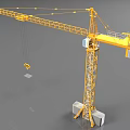 Yellow Tower Crane With Extended Boom Hook Lifting Heavy Load On Concrete Base Metal Structure