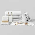 Minimalist White Bathroom Accessories With Towels Soap Dish Toothbrush Holder And Rolled Towels