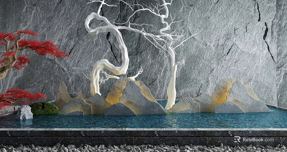 Artistic Garden Ornament With White Branch Sculptures Gray Stone Wall And Water Pool 3d model 