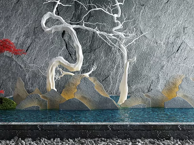 Artistic Garden Ornament With White Branch Sculptures Gray Stone Wall And Water Pool 3d model