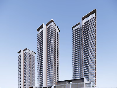 Modern High Rise Residential Buildings With Glass Facades Against Clear Blue Sky 3d model