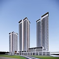 Modern High Rise Residential Buildings With Glass Facades Against Clear Blue Sky