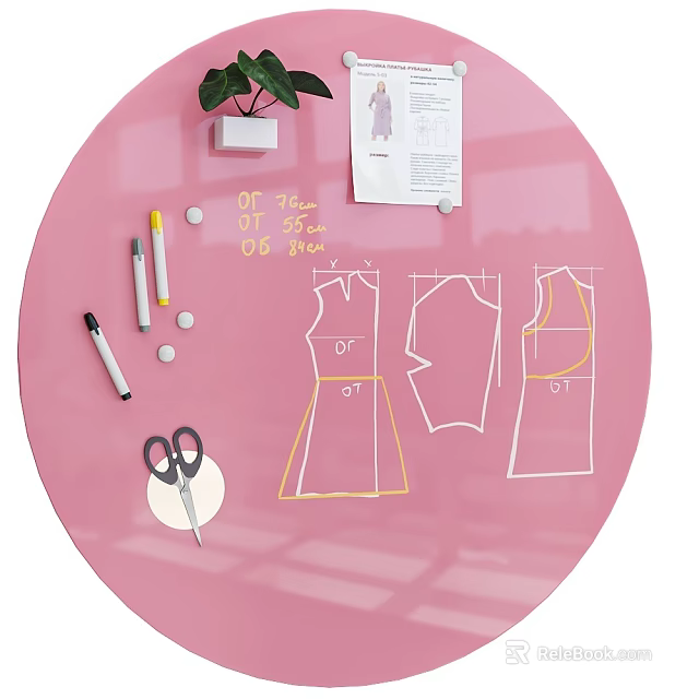 Fashion Design Drawing Tools on Pink Tabletop with Sketches Scissors and Markers 3d model 