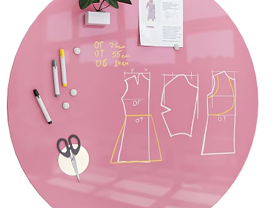 Fashion Design Drawing Tools on Pink Tabletop with Sketches Scissors and Markers 3d model