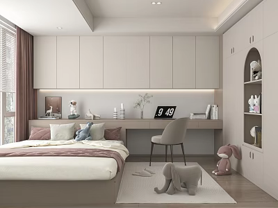 Modern Minimalist Tatami Bedroom With Bed Desk Chair Bookshelf And Stuffed Toys 3d model