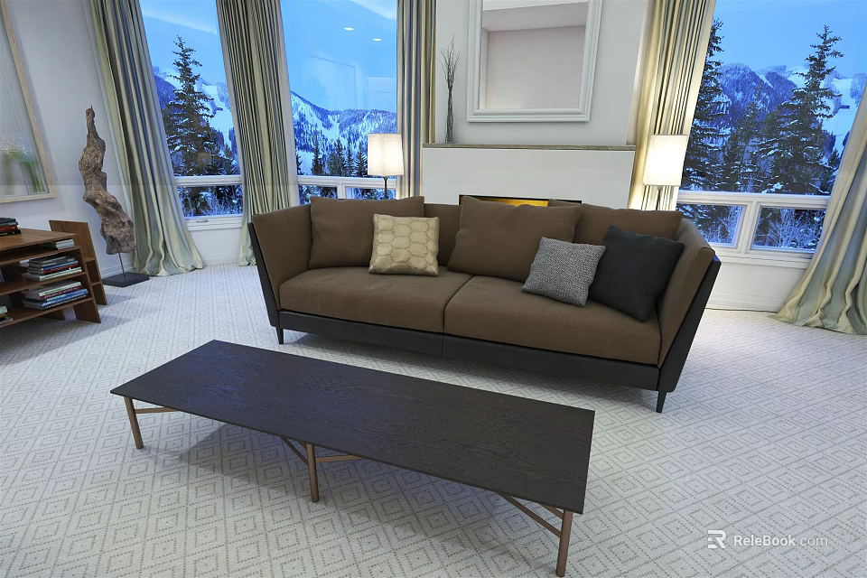 Two Seater Brown Sofa In Living Room With Pillows And Mountain View Windows 3d model 