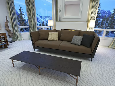 Two Seater Brown Sofa In Living Room With Pillows And Mountain View Windows 3d model