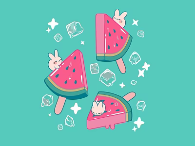 Cute Watermelon Popsicles With Bunnies Ice Cubes And Stars On Turquoise Background 3d model