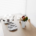 Minimalist Ornamental Decor Combination With Transparent Cover Gray Wavy Plate And White Fruit Vase