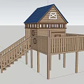 Wooden Cabin with Blue Roof Staircase Platform Railing Windows in Green Grass and Trees