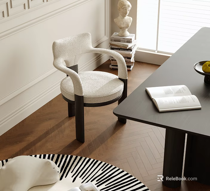 Stylish White Upholstered Dining Chair With Armrests And Black Legs In Modern Interior 3d model 