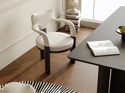 Stylish White Upholstered Dining Chair With Armrests And Black Legs In Modern Interior 3d model