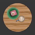 Pink Dessert With Strawberry Decoration And Blue Steaming Coffee Cup On Wooden Round Tray