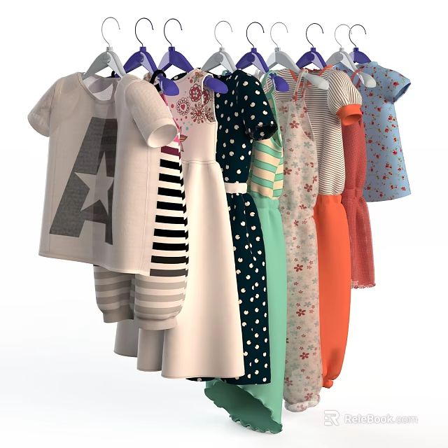 Colorful Children's Clothes Hanging With Striped Star Polka Dot And Floral Designs 3d model 