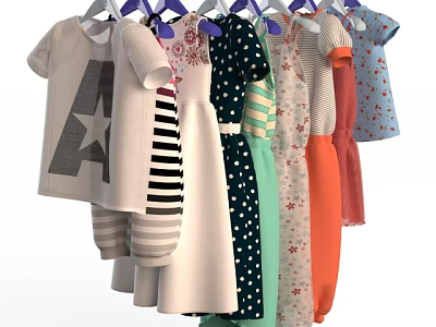 Colorful Children's Clothes Hanging With Striped Star Polka Dot And Floral Designs 3d model