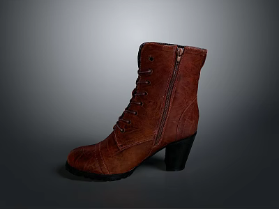 Fashionable Women's Brown Leather Lace Up Boots With Zipper And High Heel For Everyday Wear 3d model