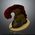 Golden Ancient Warrior Helmet With Red Feather Plume On Light Disc Base 3d model